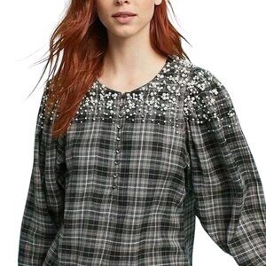 AKEMI & KIN Anthropologie Pearl Embellished Black Grey Plaid Blouse Academia